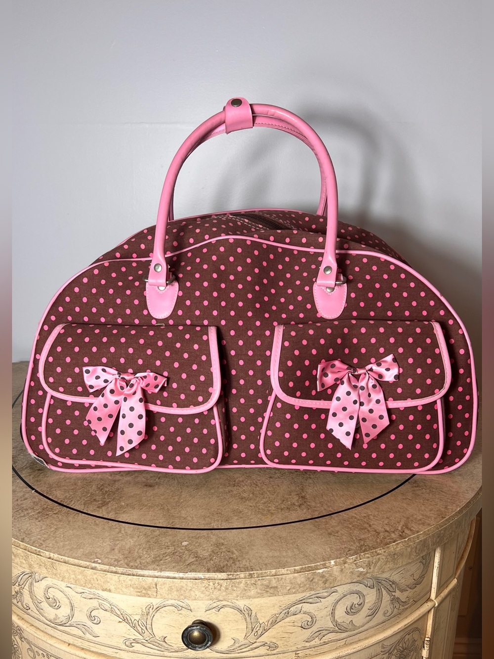 Pink & Brown vintage Polka Dot Bow Accent  rolling duffle canvas  bag